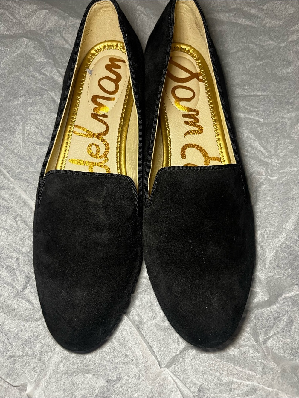 Sam Edelman Black Suede Loafers with Gold Insole Accents